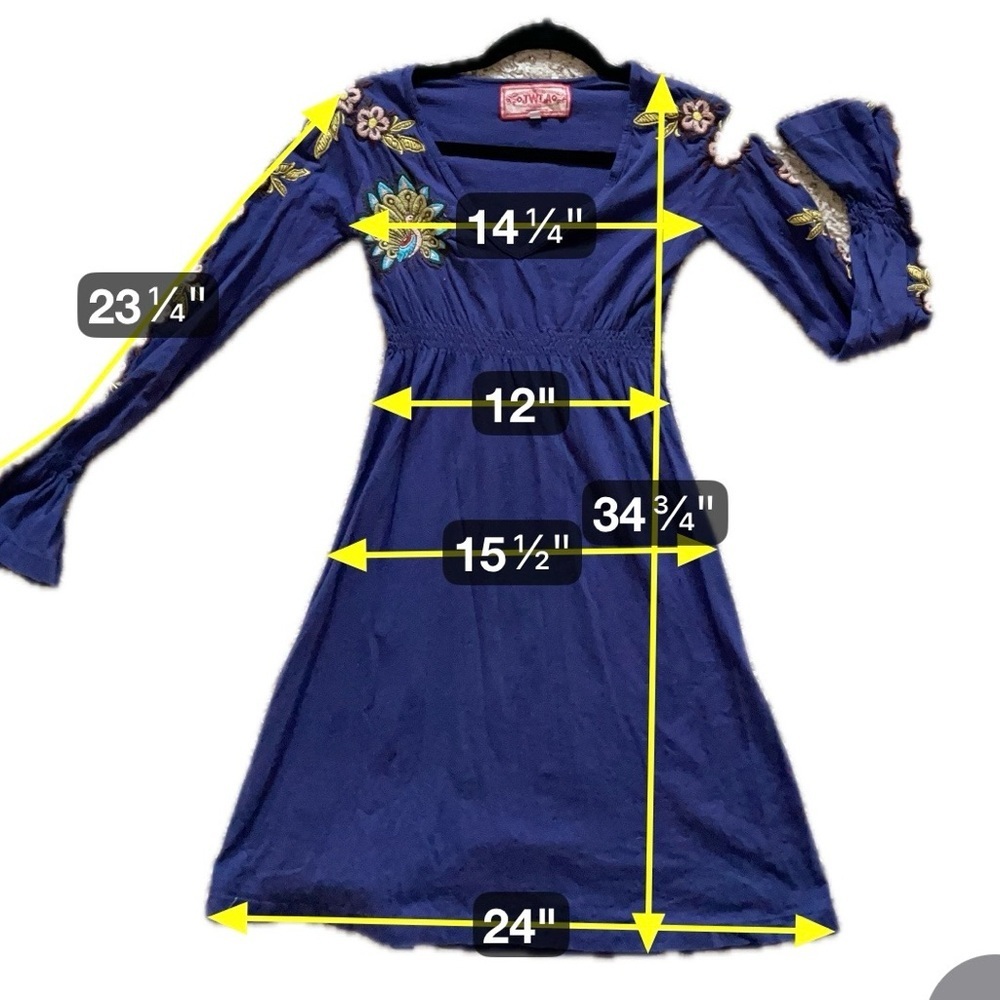 Johnny Was Blue Embroidered Empire Waist Dress Floral Boho Gypsy Festival XS - Picture 8 of 10